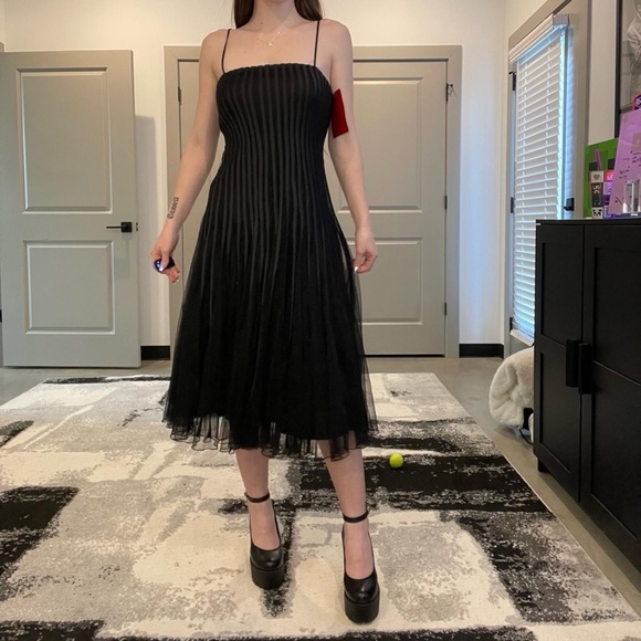 JS Collections Black Tulle Fit N Flare Cocktail Midi Length Dress - Picture 3 of 7